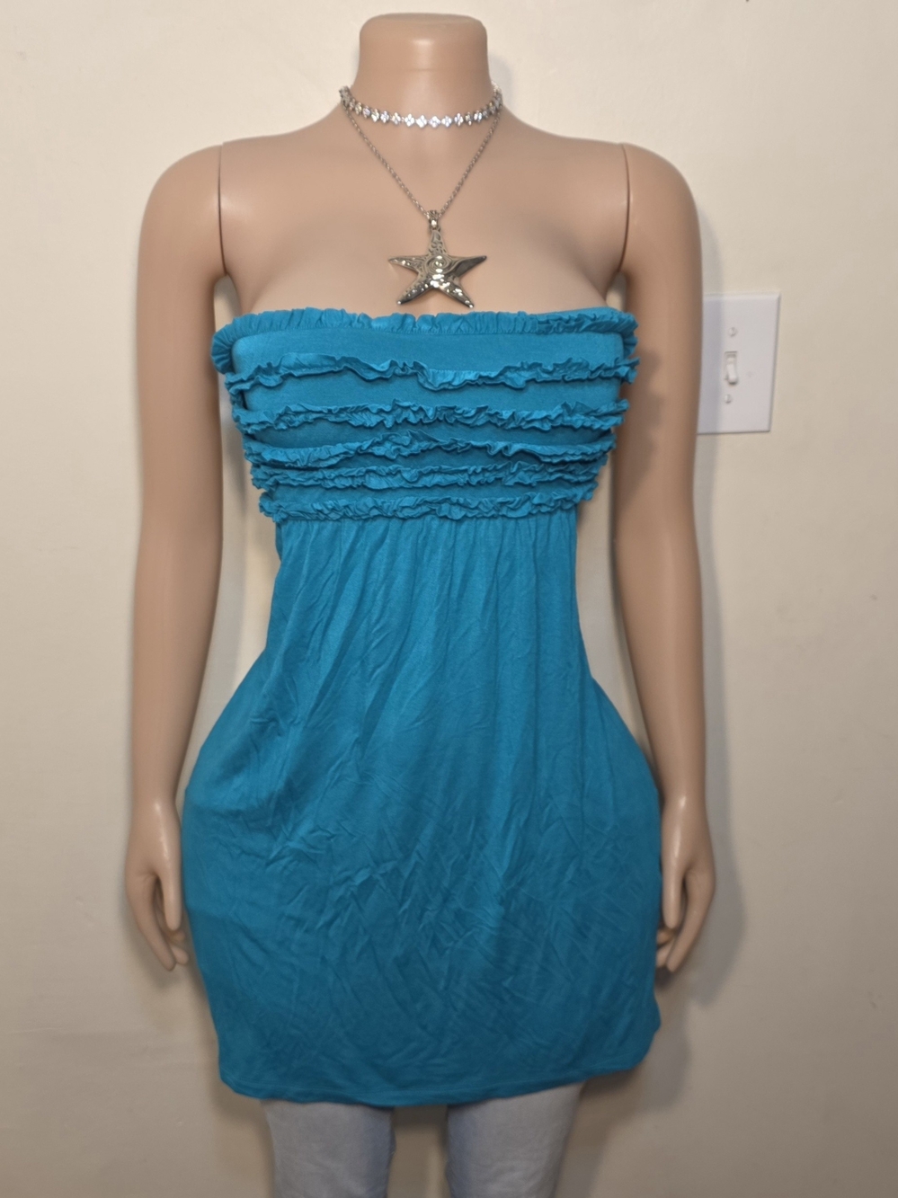 Nicole Miller Teal Strapless Ruffle Tube Dress